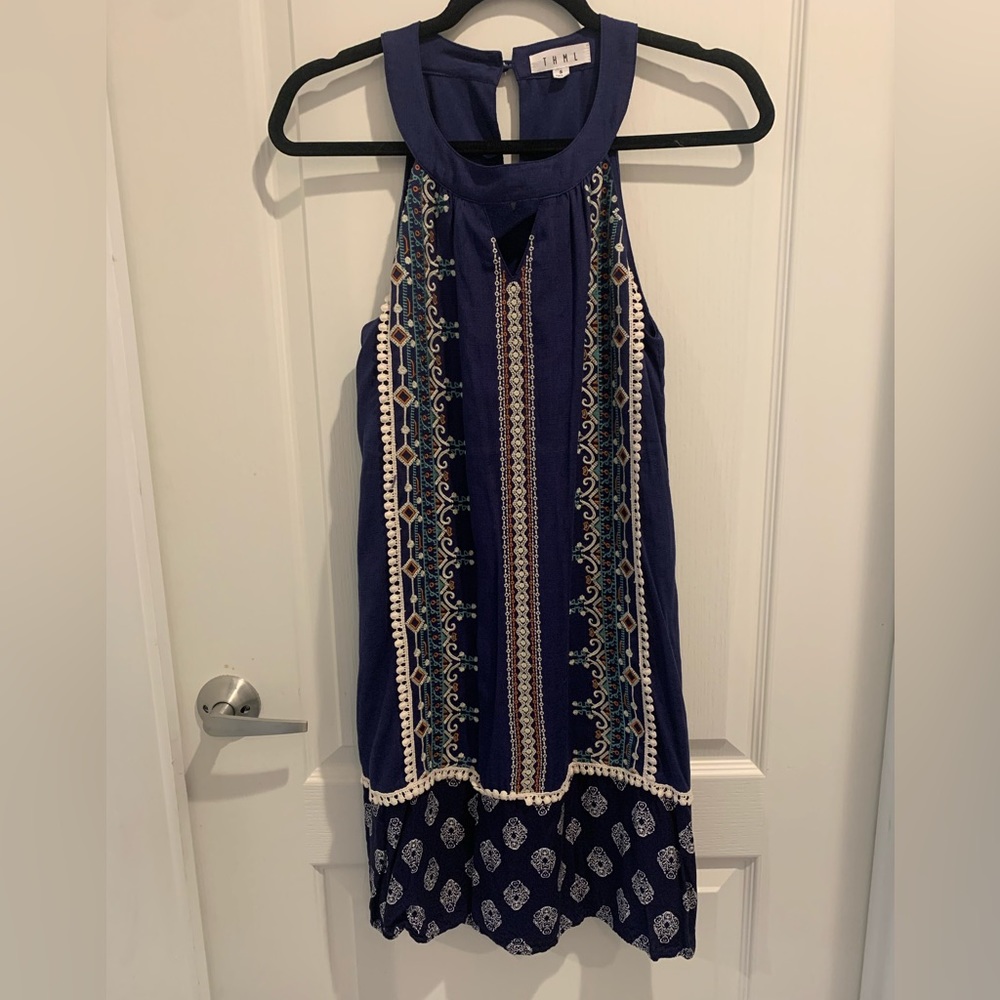 THML Women’s Small Navy Blue Embroidered Dress Knee Length V-Chest Cut Casual